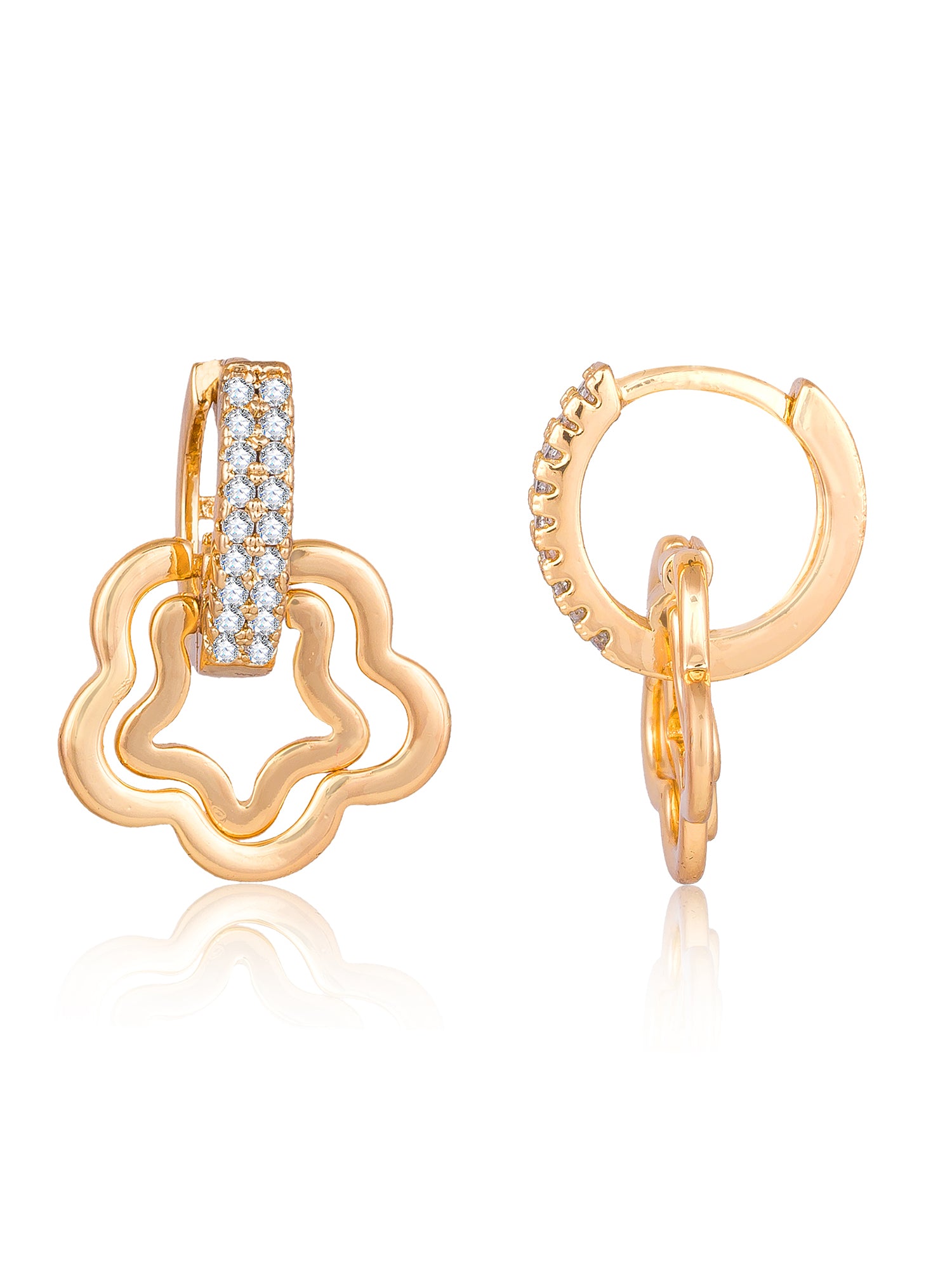 Aadita Gold-Toned Double Floral Drop Earrings with Crystal-Set Huggie Hoop