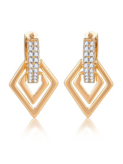 Aadita Gold Tone Diamond-Shape Drop Hoop Earrings with White Stone