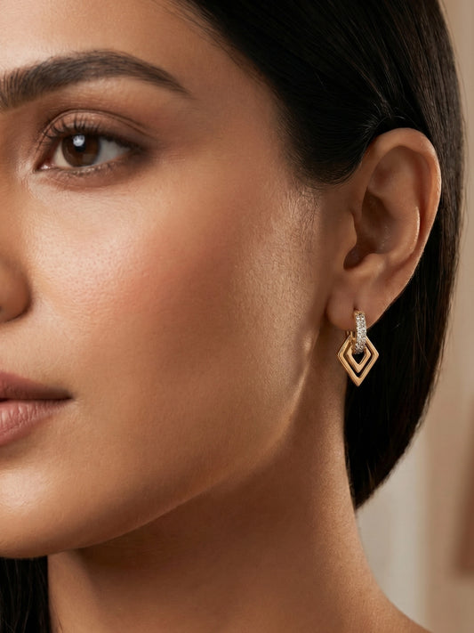 Aadita Gold Tone Diamond-Shape Drop Hoop Earrings with White Stone