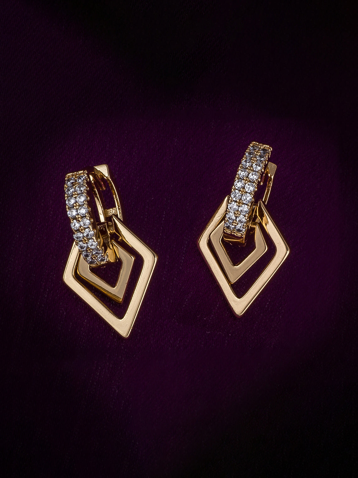 Aadita Gold Tone Diamond-Shape Drop Hoop Earrings with White Stone