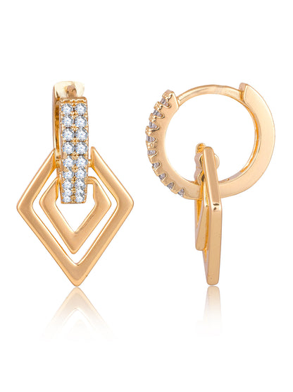 Aadita Gold Tone Diamond-Shape Drop Hoop Earrings with White Stone