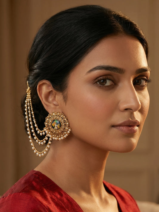 Aadita Kundan Meenakari Bahubali Earrings with Pearl Drop Chains