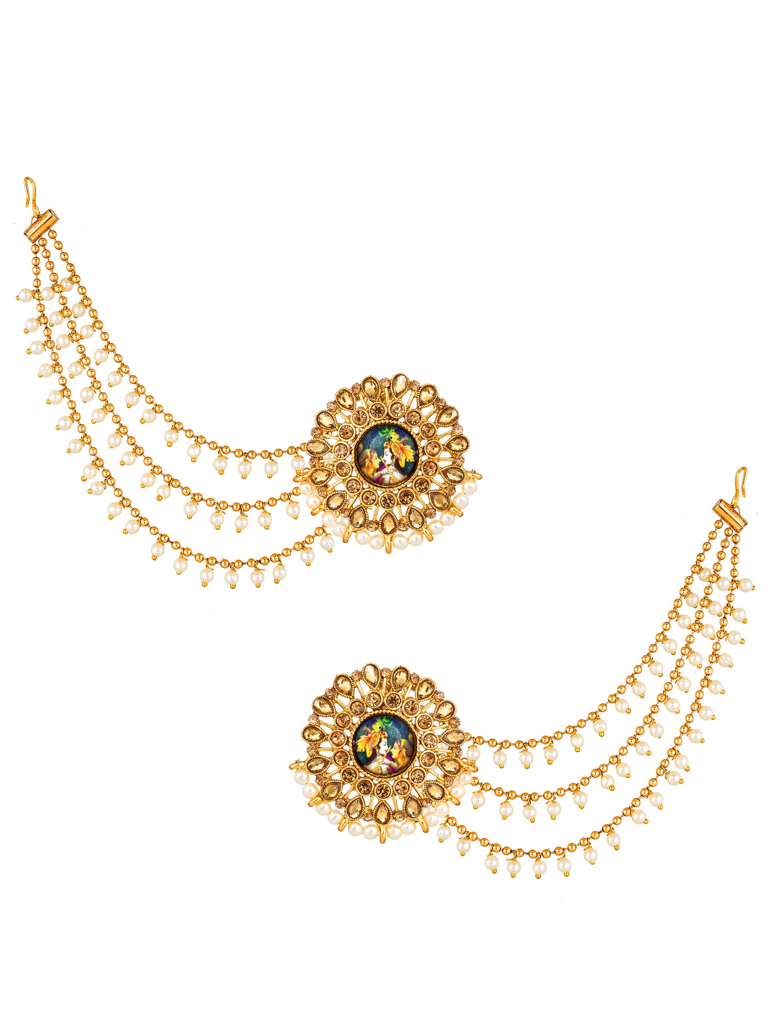 Aadita Kundan Meenakari Bahubali Earrings with Pearl Drop Chains