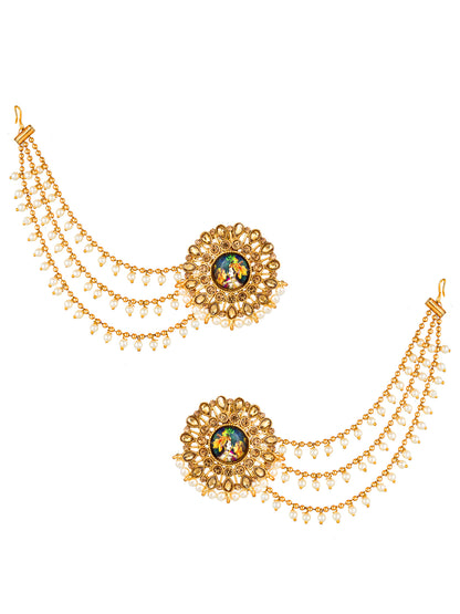 Aadita Kundan Meenakari Bahubali Earrings with Pearl Drop Chains