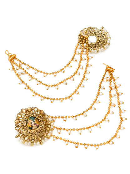 Aadita Kundan Meenakari Bahubali Earrings with Pearl Drop Chains