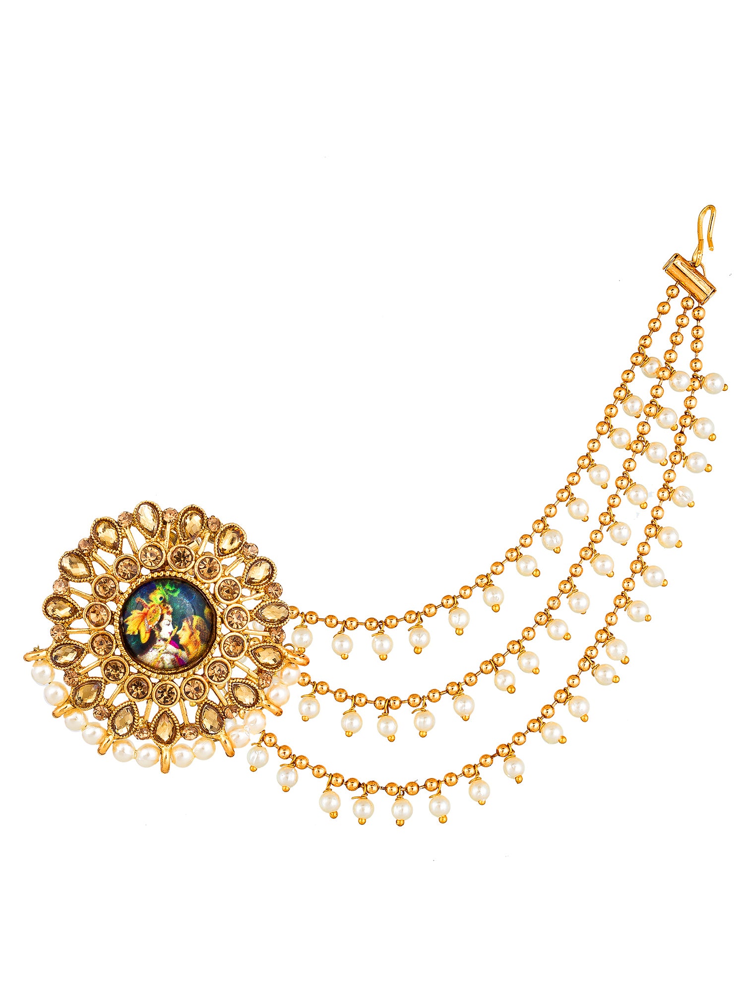 Aadita Kundan Meenakari Bahubali Earrings with Pearl Drop Chains