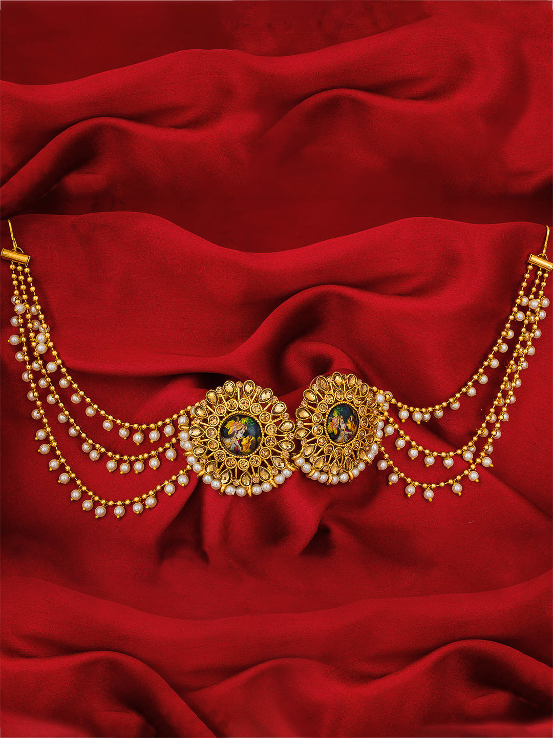 Aadita Kundan Meenakari Bahubali Earrings with Pearl Drop Chains