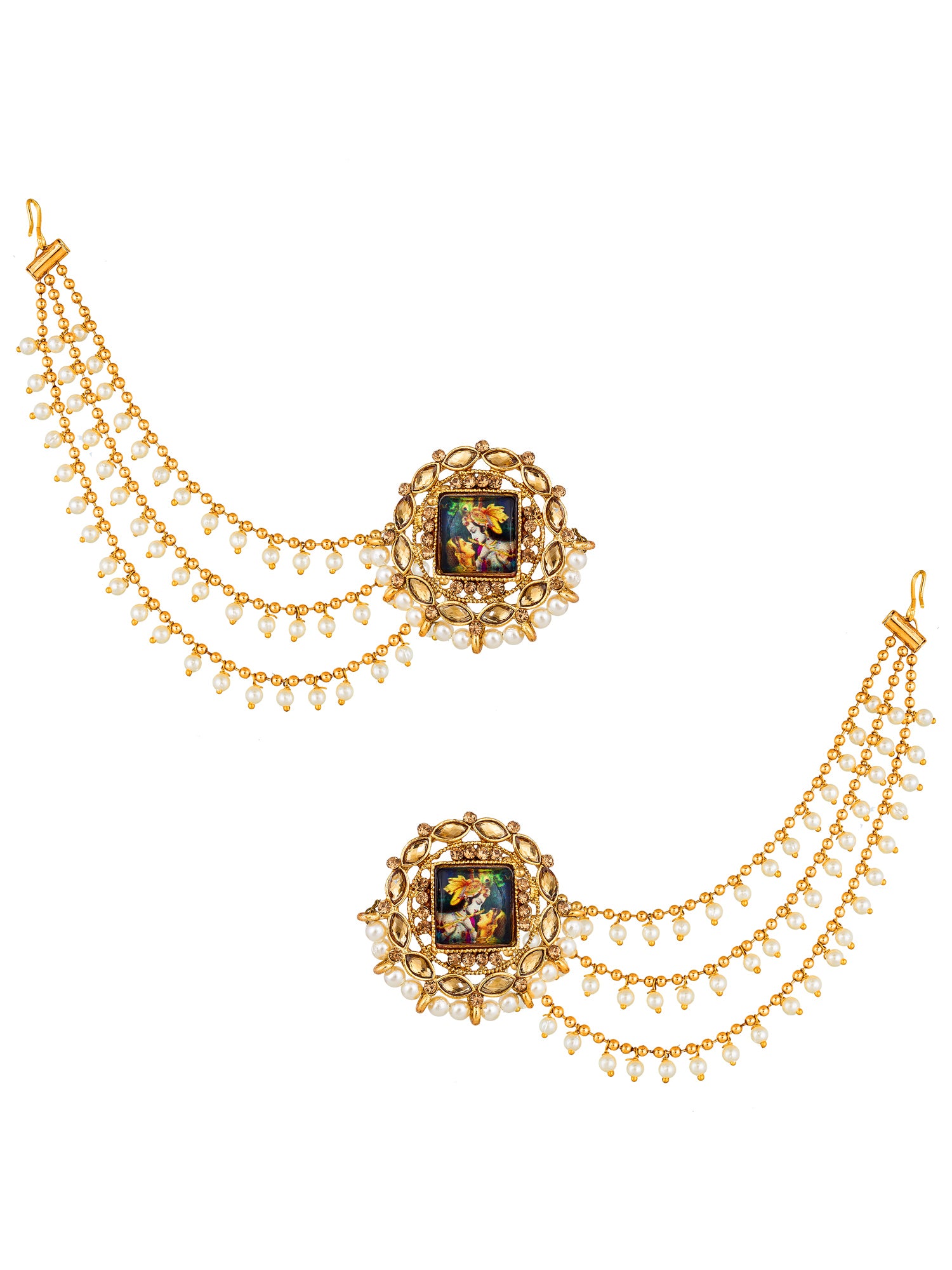 Aadita Radha Krishna Minakari Kundan Stud Bahubali Earrings with Pearl Chain