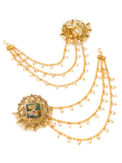 Aadita Radha Krishna Minakari Kundan Stud Bahubali Earrings with Pearl Chain