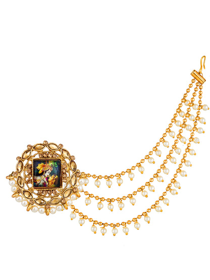 Aadita Radha Krishna Minakari Kundan Stud Bahubali Earrings with Pearl Chain