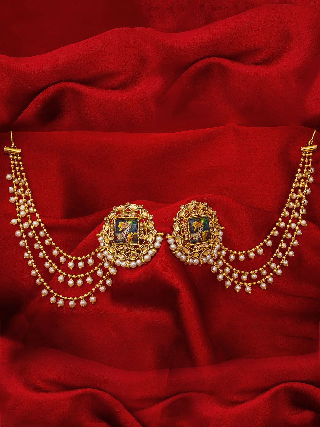 Aadita Radha Krishna Minakari Kundan Stud Bahubali Earrings with Pearl Chain