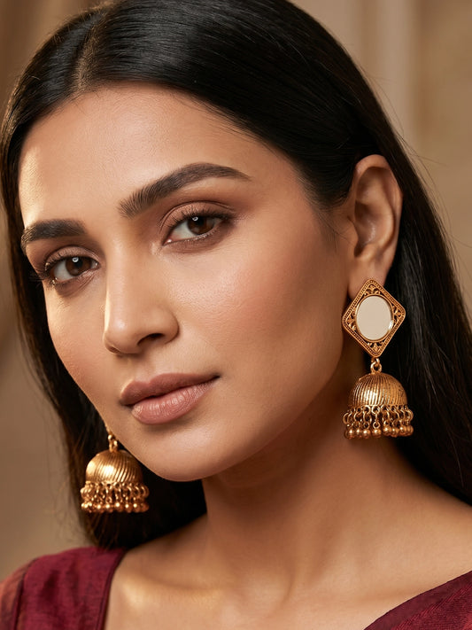 Aadita Copper Tone Mirror Stud Jhumka Earrings with Metal Bead Drops