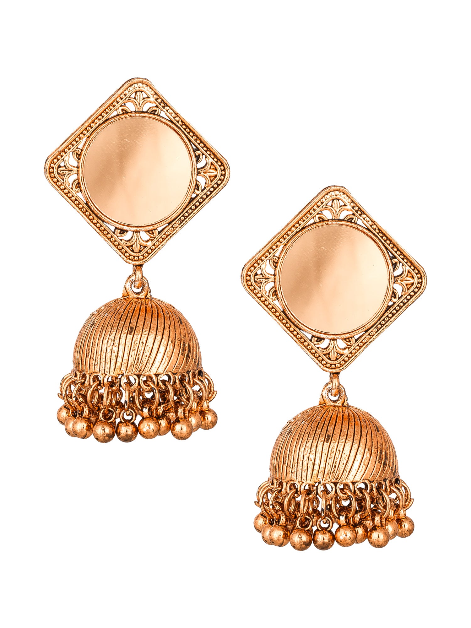 Aadita Copper Tone Mirror Stud Jhumka Earrings with Metal Bead Drops