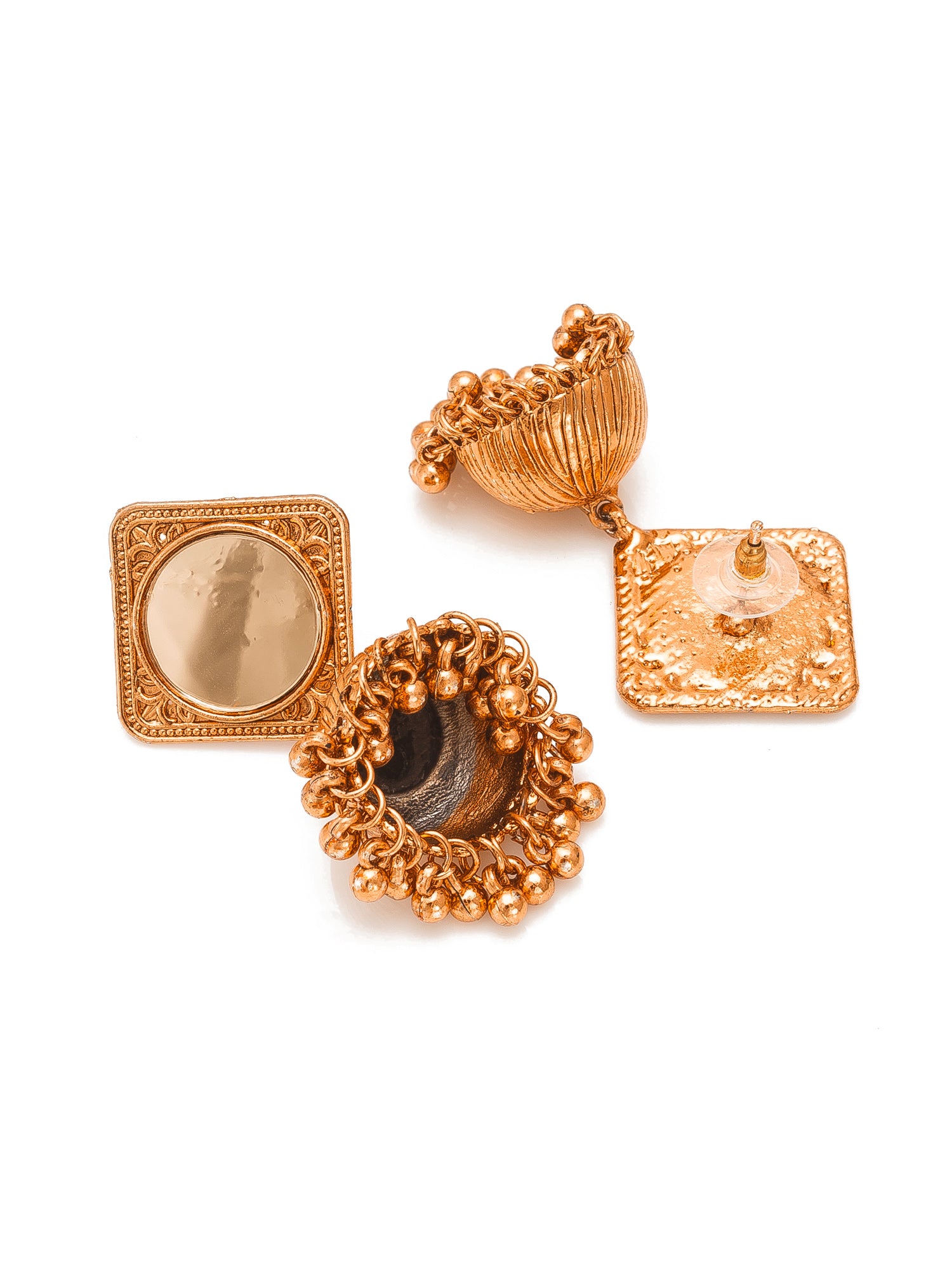 Aadita Copper Tone Mirror Stud Jhumka Earrings with Metal Bead Drops
