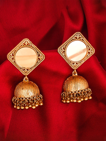 Aadita Copper Tone Mirror Stud Jhumka Earrings with Metal Bead Drops