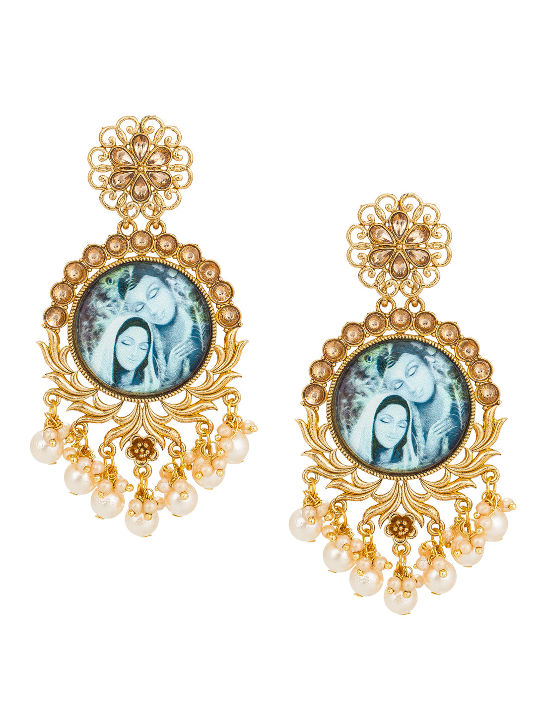 Aadita Wedding Wear Radha Krishna Miniature Art Gold-Toned Chandelier Earrings with Pearl Drops