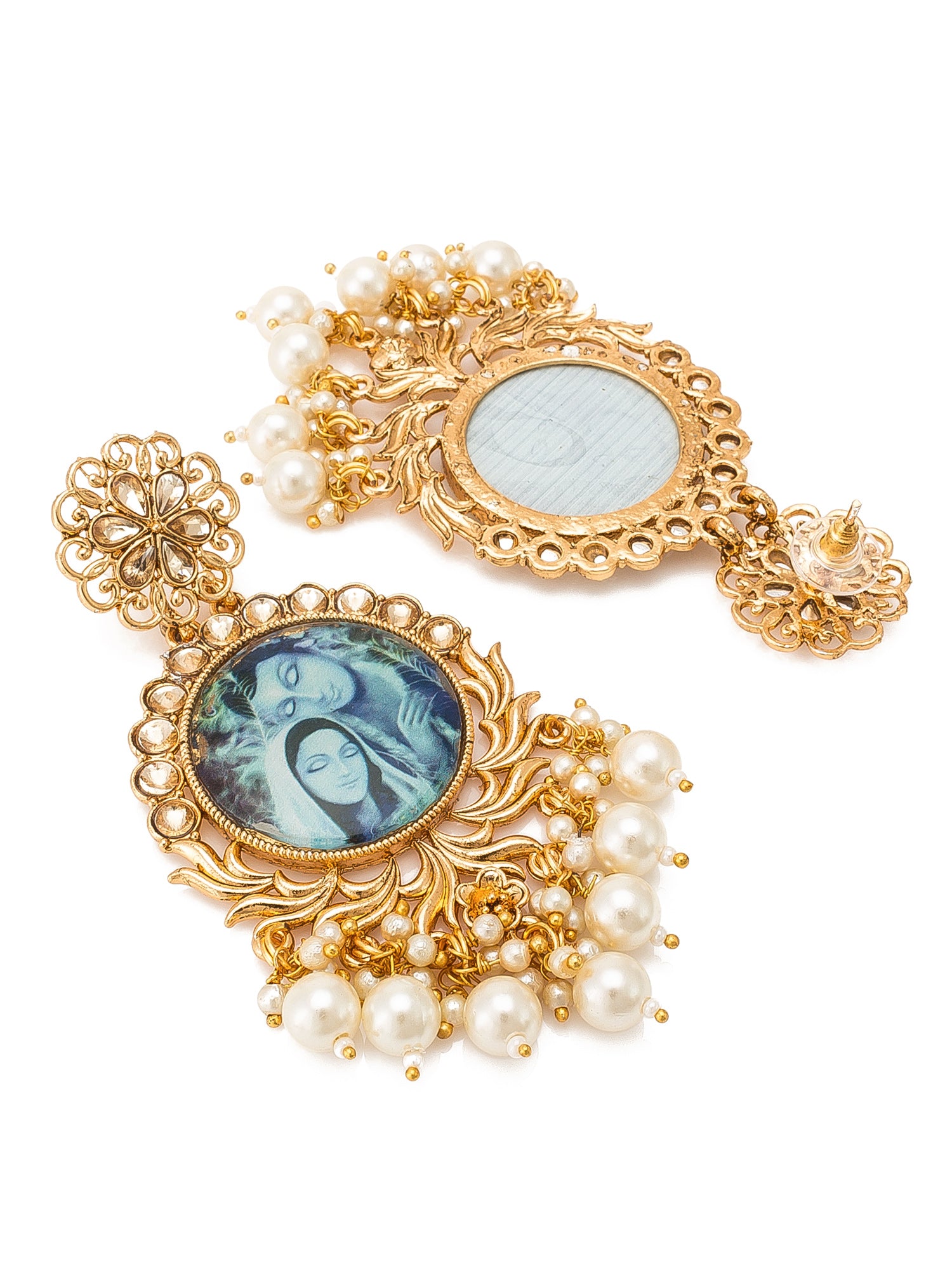 Aadita Wedding Wear Radha Krishna Miniature Art Gold-Toned Chandelier Earrings with Pearl Drops