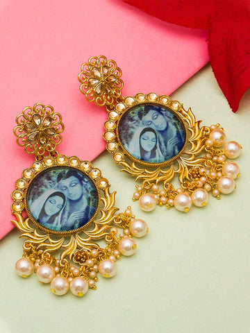 Aadita Wedding Wear Radha Krishna Miniature Art Gold-Toned Chandelier Earrings with Pearl Drops