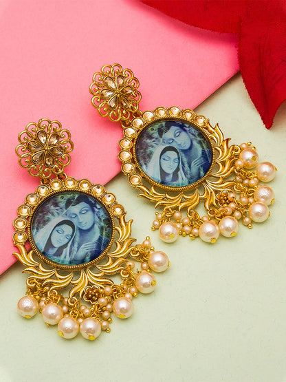 Aadita Wedding Wear Radha Krishna Miniature Art Gold-Toned Chandelier Earrings with Pearl Drops