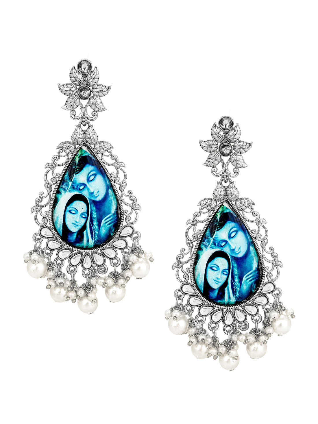 Aadita Special Occasion Wear Silver-Tone Oxidized Radha Krishna Meenakari Chandelier Earrings with Pearl Drops