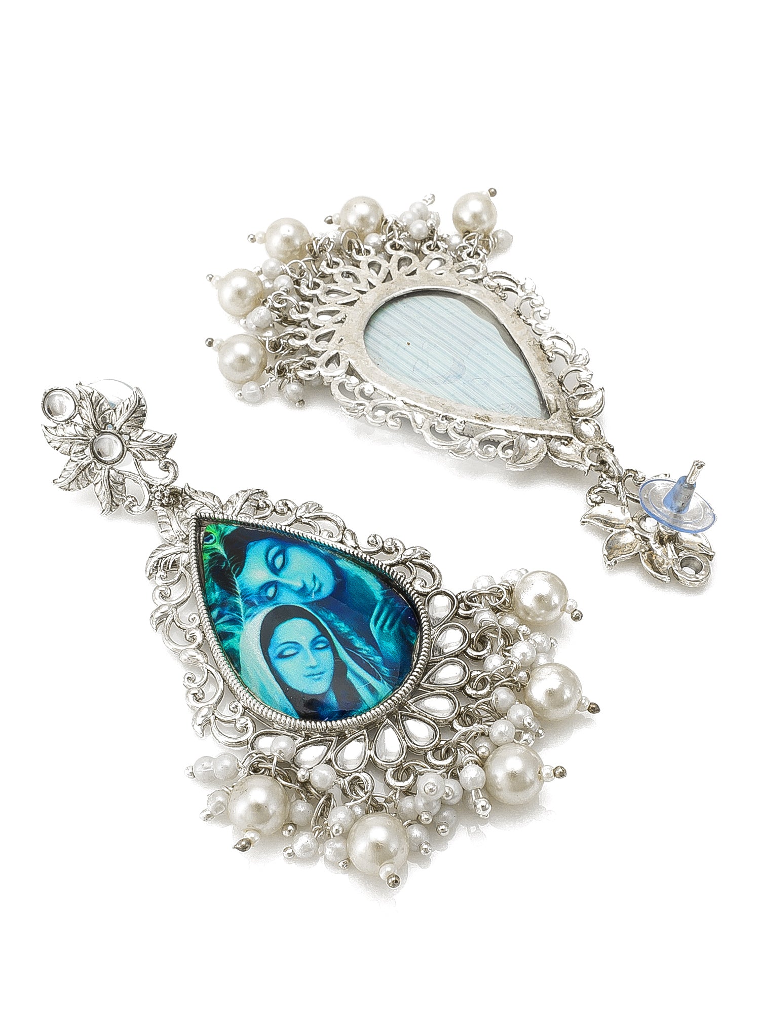 Aadita Special Occasion Wear Silver-Tone Oxidized Radha Krishna Meenakari Chandelier Earrings with Pearl Drops