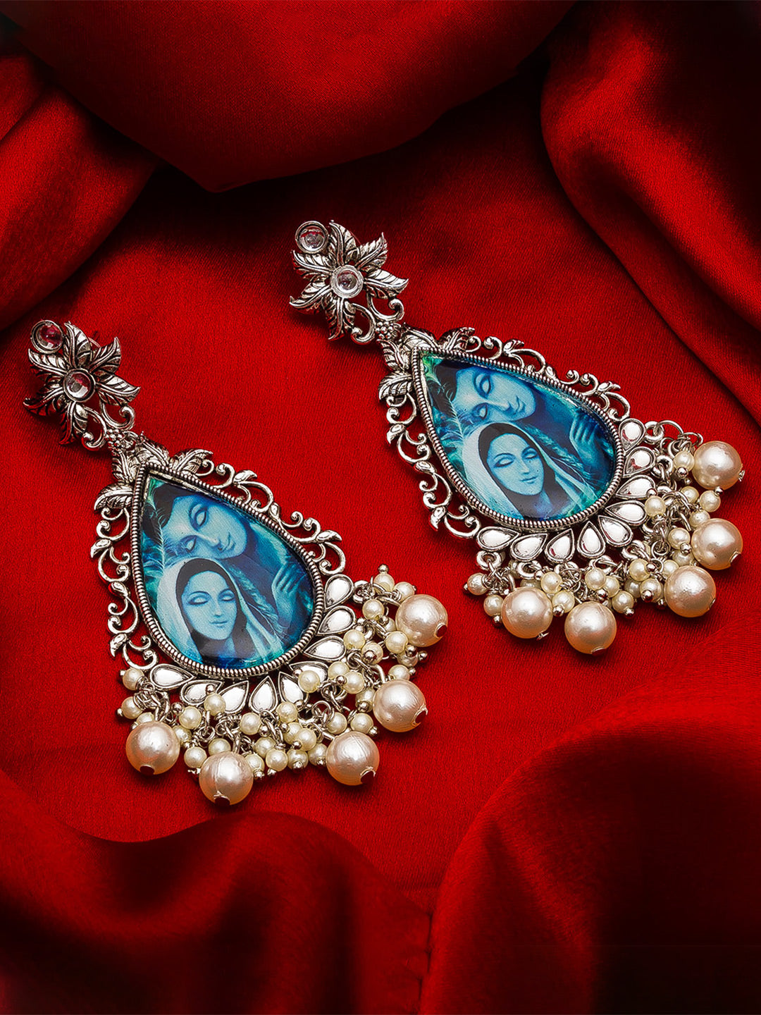Aadita Special Occasion Wear Silver-Tone Oxidized Radha Krishna Meenakari Chandelier Earrings with Pearl Drops
