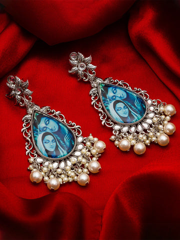 Aadita Special Occasion Wear Silver-Tone Oxidized Radha Krishna Meenakari Chandelier Earrings with Pearl Drops