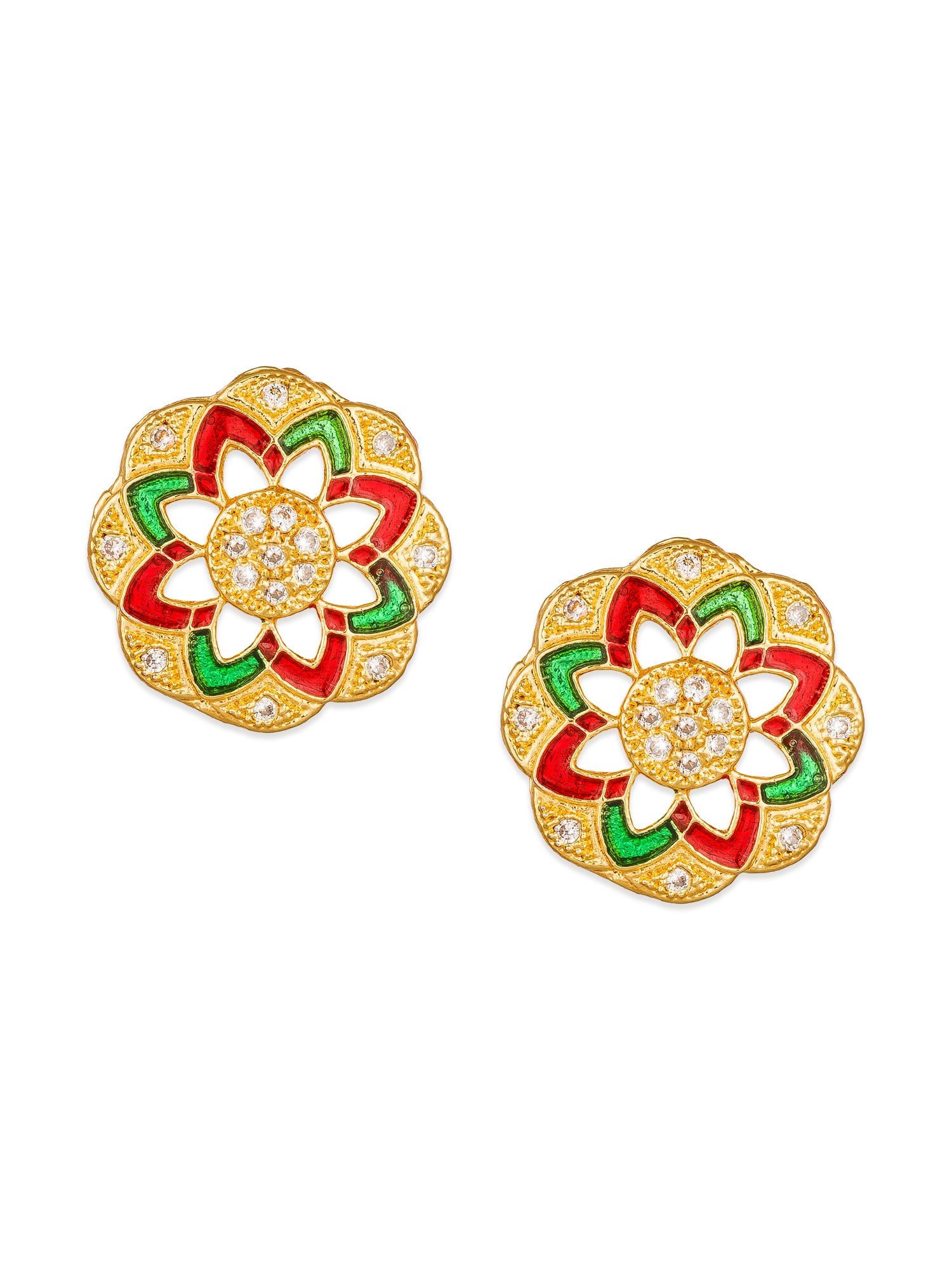 Aadita Traditional Wear Gold-Toned Meenakari Floral Stud Earrings with Red and Green Enamel and White Stone Accents