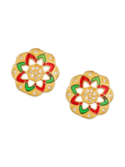 Aadita Traditional Wear Gold-Toned Meenakari Floral Stud Earrings with Red and Green Enamel and White Stone Accents