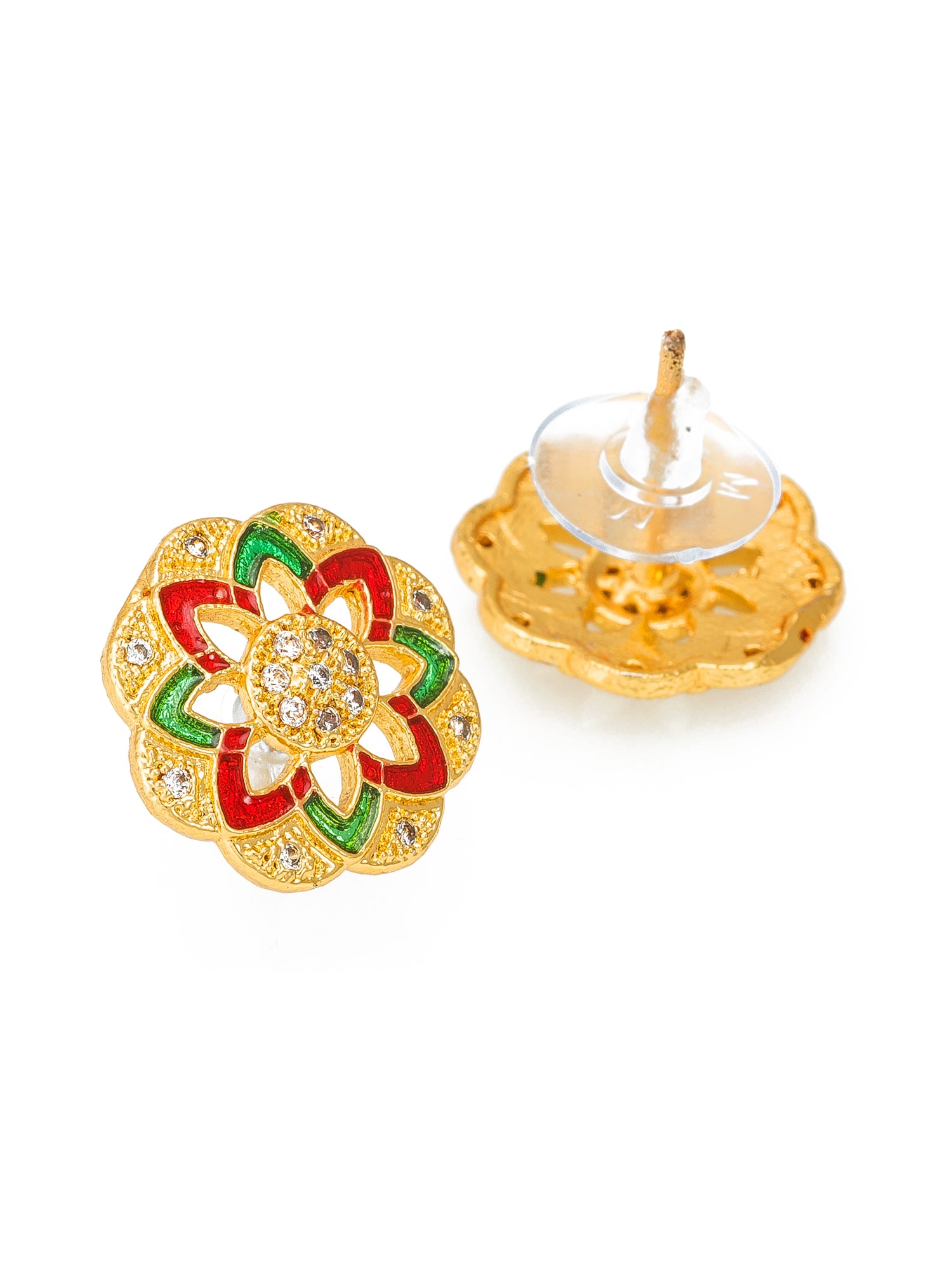 Aadita Traditional Wear Gold-Toned Meenakari Floral Stud Earrings with Red and Green Enamel and White Stone Accents