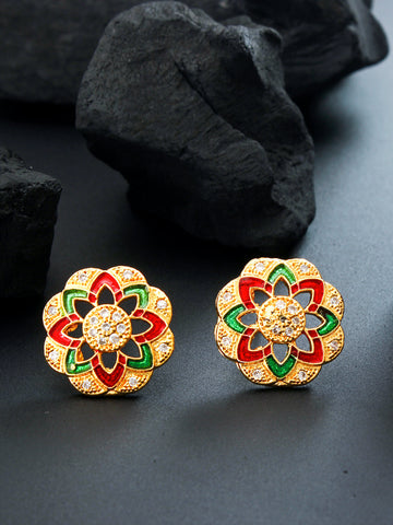 Aadita Traditional Wear Gold-Toned Meenakari Floral Stud Earrings with Red and Green Enamel and White Stone Accents