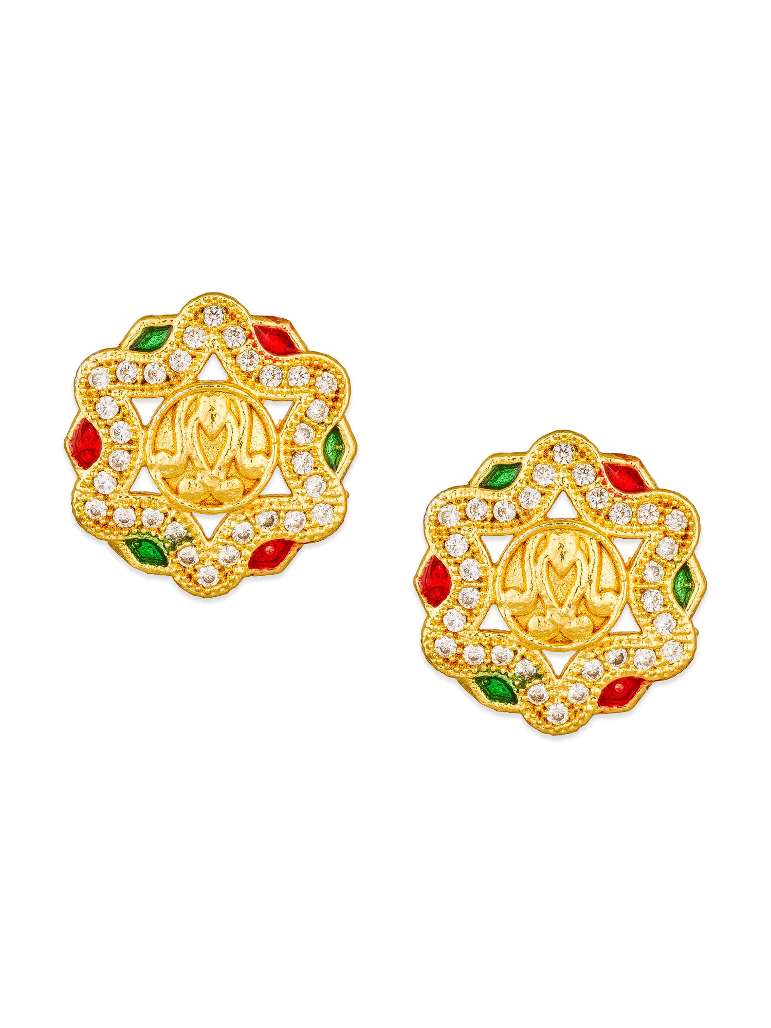 Aadita Traditional Wear Gold-Tone Lotus Motif Temple Stud Earrings with Enamel Accents and White Stone Border