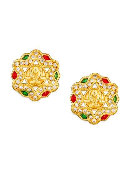 Aadita Traditional Wear Gold-Tone Lotus Motif Temple Stud Earrings with Enamel Accents and White Stone Border