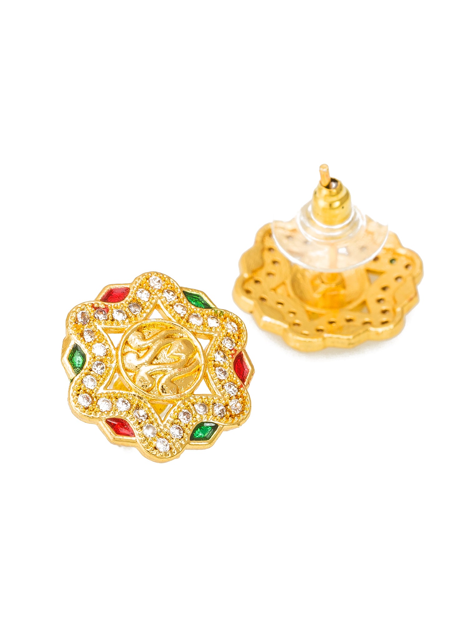 Aadita Traditional Wear Gold-Tone Lotus Motif Temple Stud Earrings with Enamel Accents and White Stone Border