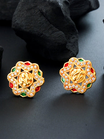 Aadita Traditional Wear Gold-Tone Lotus Motif Temple Stud Earrings with Enamel Accents and White Stone Border
