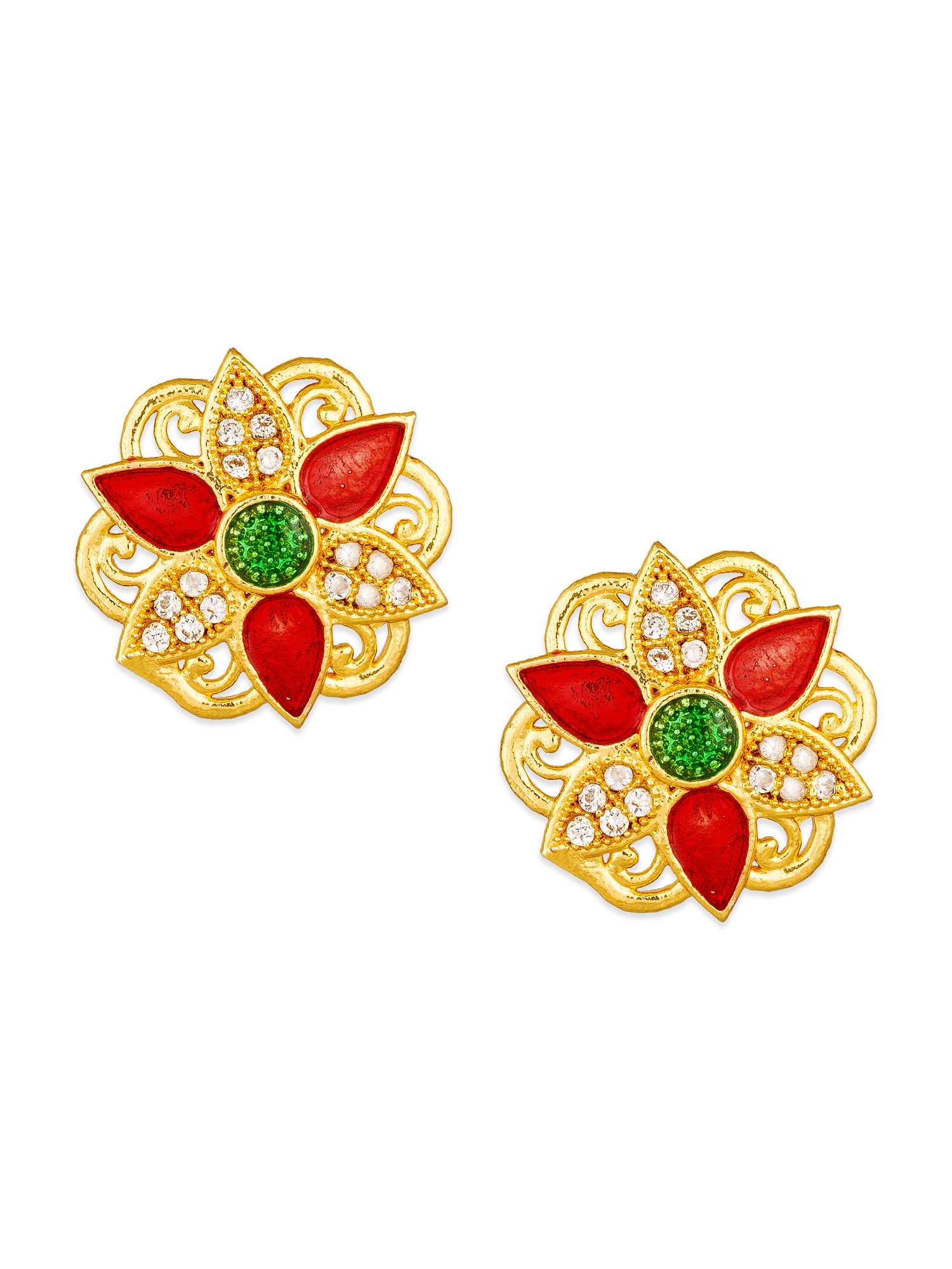 Aadita Gold-Tone Floral Meenakari Stud Earrings with Red Enamel and Green Stone Centre For Casual Wear