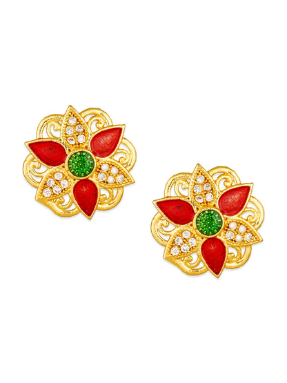 Aadita Gold-Tone Floral Meenakari Stud Earrings with Red Enamel and Green Stone Centre For Casual Wear
