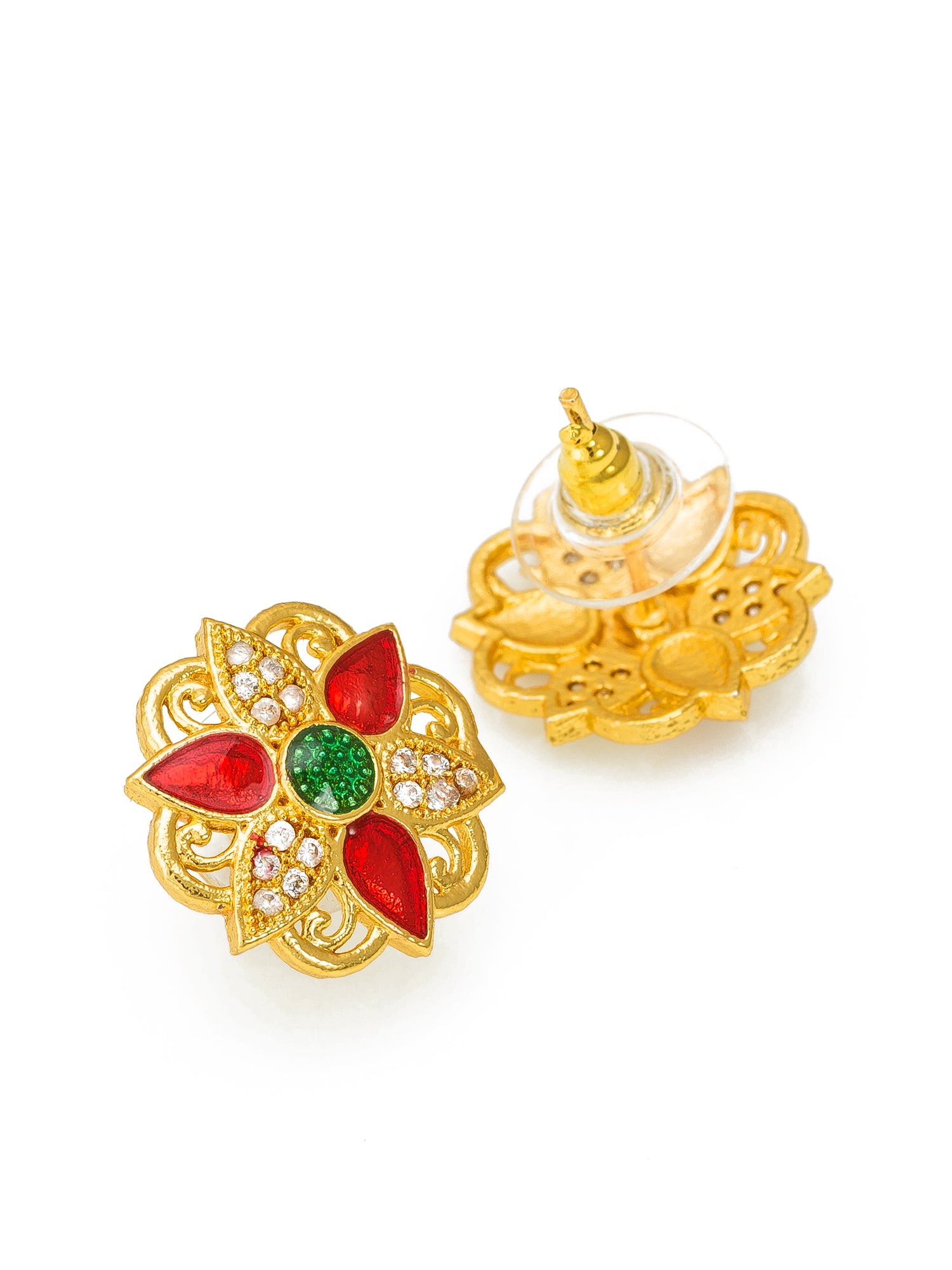 Aadita Gold-Tone Floral Meenakari Stud Earrings with Red Enamel and Green Stone Centre For Casual Wear