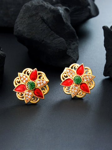 Aadita Gold-Tone Floral Meenakari Stud Earrings with Red Enamel and Green Stone Centre For Casual Wear