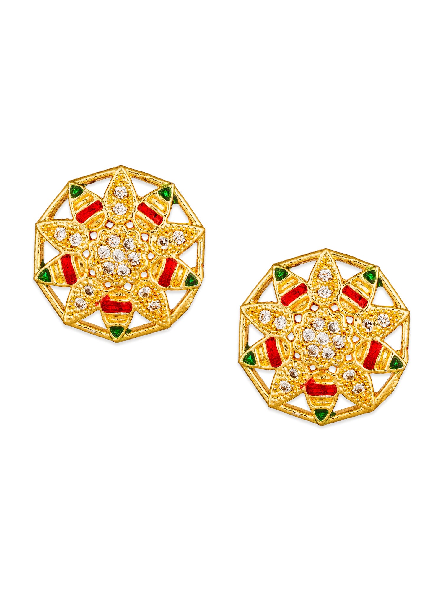 Aadita Traditional Wear Gold-Plated Red and Green Meenakari Star Stud Earrings with White AD Stones