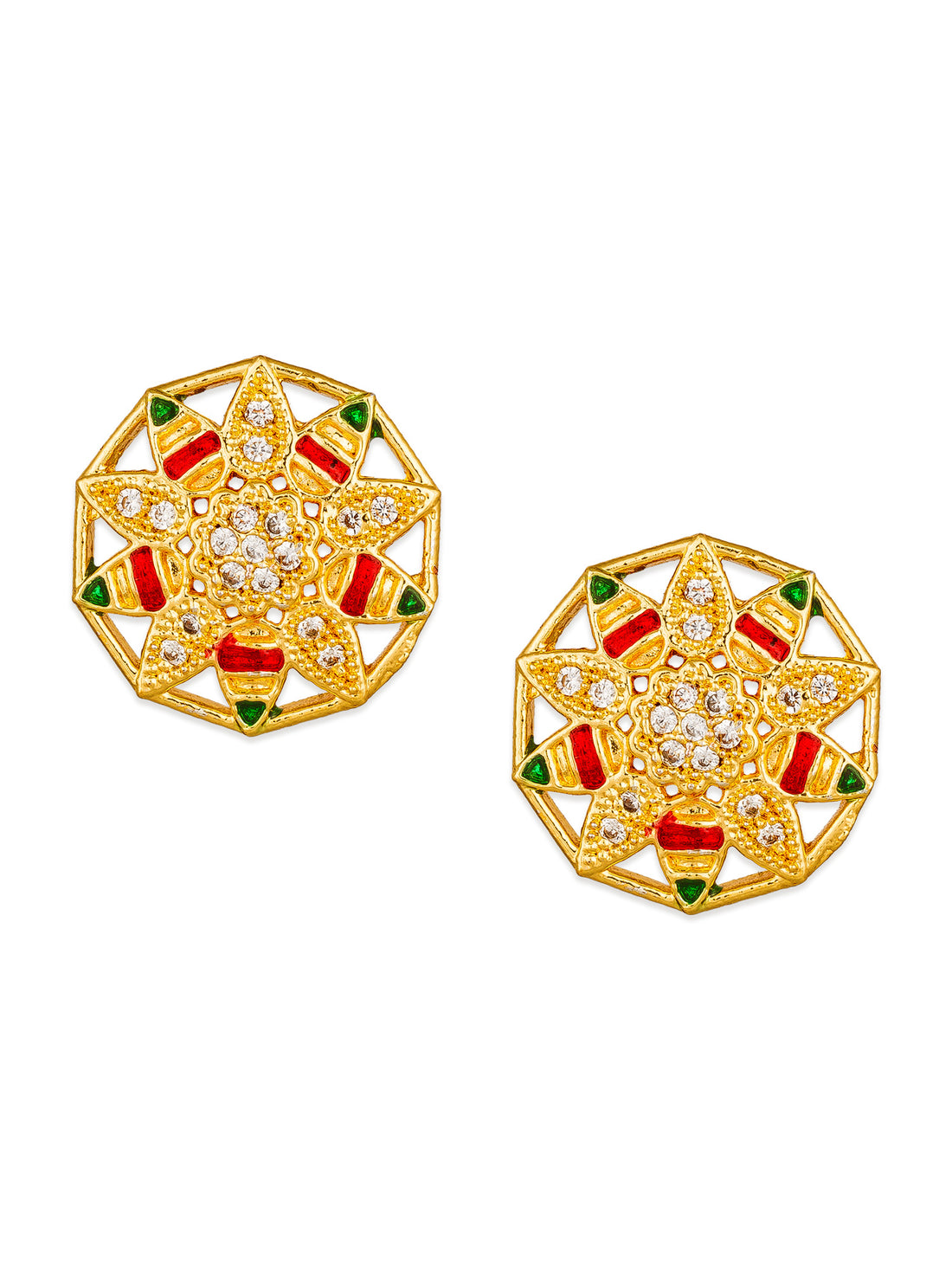 Aadita Traditional Wear Gold-Plated Red and Green Meenakari Star Stud Earrings with White AD Stones
