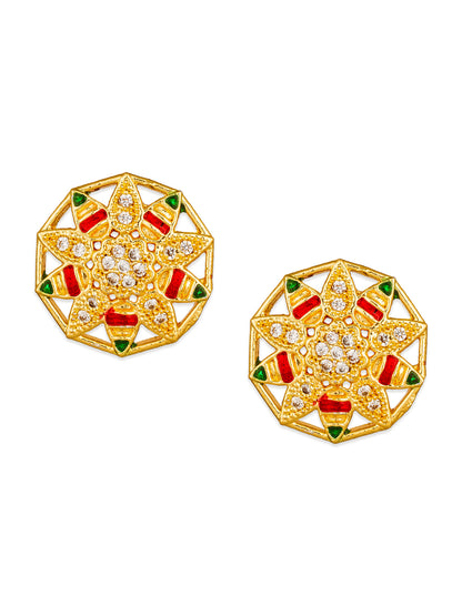 Aadita Traditional Wear Gold-Plated Red and Green Meenakari Star Stud Earrings with White AD Stones