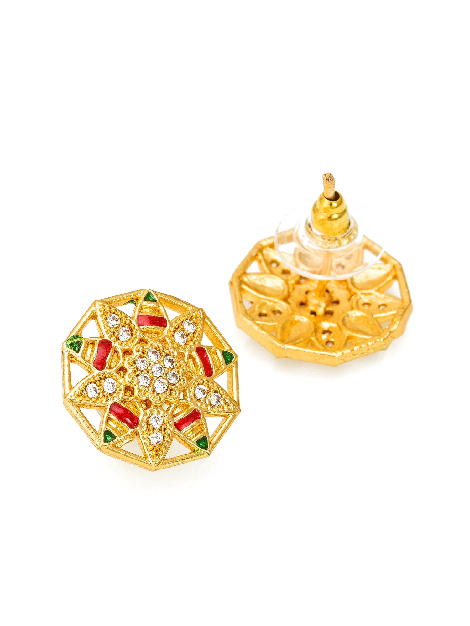 Aadita Traditional Wear Gold-Plated Red and Green Meenakari Star Stud Earrings with White AD Stones