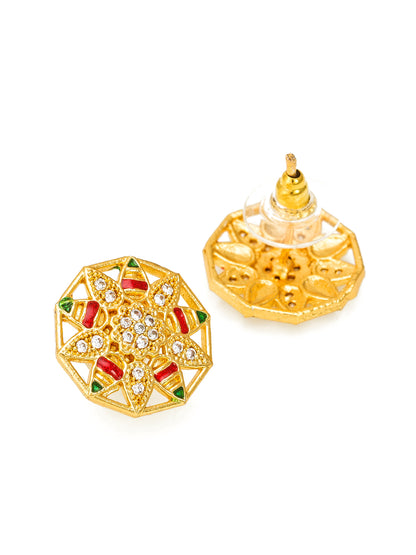 Aadita Traditional Wear Gold-Plated Red and Green Meenakari Star Stud Earrings with White AD Stones