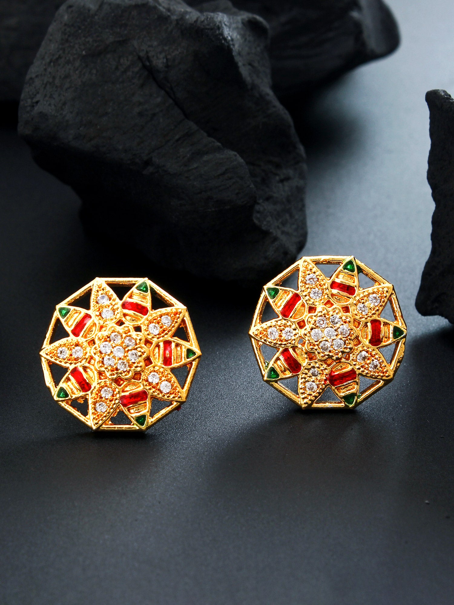 Aadita Traditional Wear Gold-Plated Red and Green Meenakari Star Stud Earrings with White AD Stones