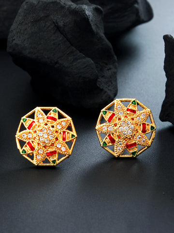 Aadita Traditional Wear Gold-Plated Red and Green Meenakari Star Stud Earrings with White AD Stones