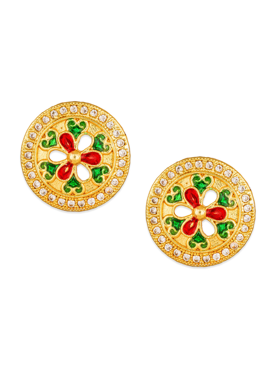 Aadita Gold-Plated Meenakari Floral Disc Stud Earrings with White AD Stone Border For Festive Wear