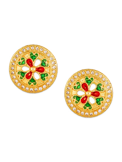Aadita Gold-Plated Meenakari Floral Disc Stud Earrings with White AD Stone Border For Festive Wear