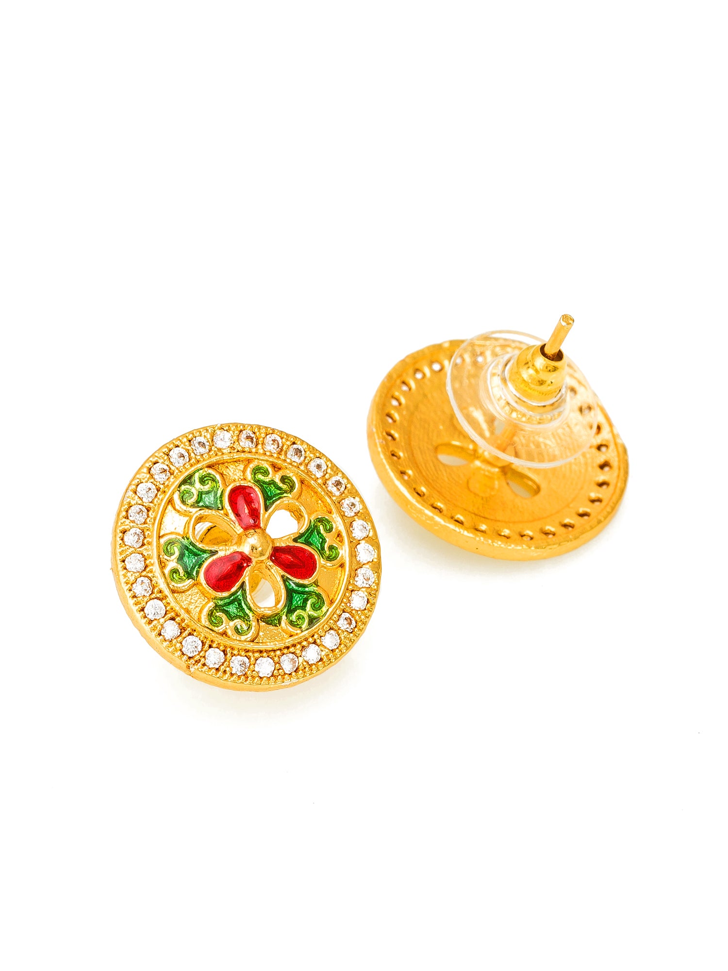 Aadita Gold-Plated Meenakari Floral Disc Stud Earrings with White AD Stone Border For Festive Wear