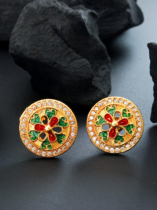Aadita Gold-Plated Meenakari Floral Disc Stud Earrings with White AD Stone Border For Festive Wear